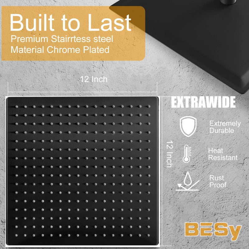 BESy 12 Inch Rain Shower Head, 12" Square Rainfall & High Pressure Stainless Steel Bath Showerhead, 1/16" Ultra Thin, Waterfall Full Body Coverage with Silicone Nozzle, Matte Black Finish - Image 4